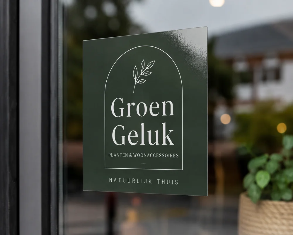Vierkante etalage-sticker op winkelraam — donkergroen vinyl met witte print