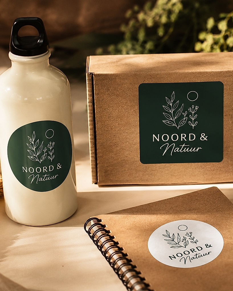 Custom ronde vinyl stickers van Plakify op een drinkfles en kartonnen merkverpakking — natuurlijk Noord & Natuur design