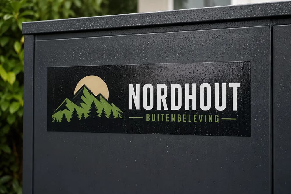 Grote outdoor vinyl sticker 'Nordhout Buitenbeleving' op een natte zwarte metalen buitenkast — weersbestendige bedrijfsbranding voor langetermijngebruik buiten