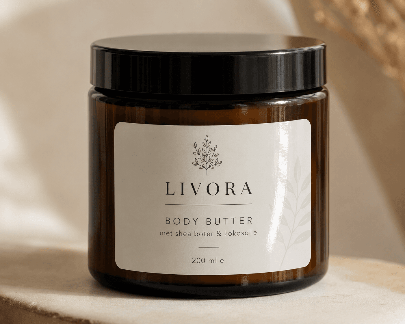 Productlabel ontworpen in Illustrator en als PDF geüpload — Livora Body Butter op cosmetica-pot
